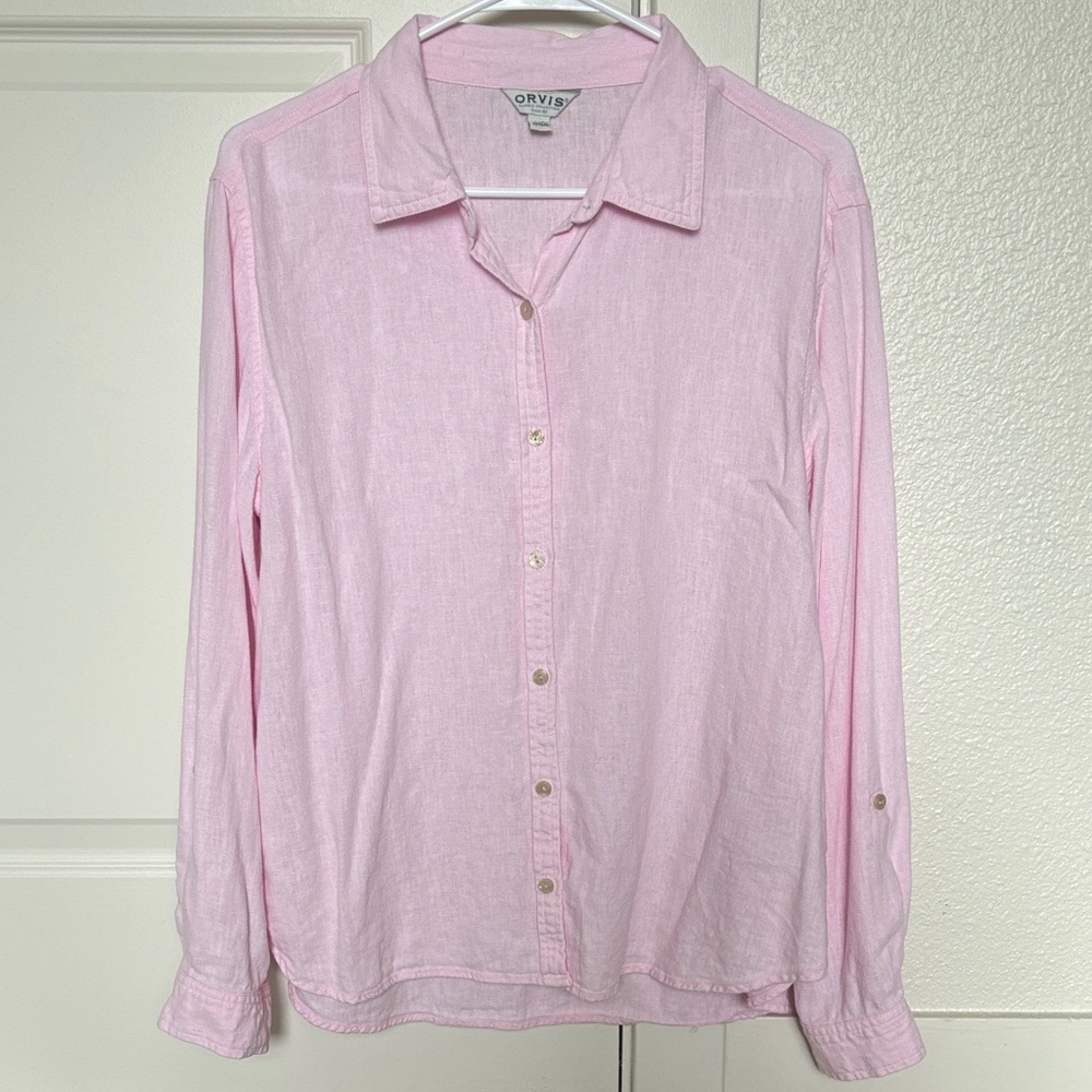 Classic Orvis Linen Soft Candy Pink Button Down Shirt Size L